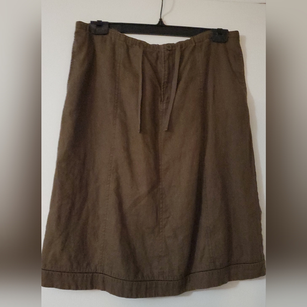 Eddie Bauer Cute Olive/Tobacco Brown Seamed Linen Skirt, M, 10-12